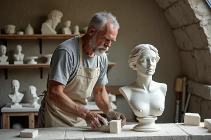 Sculpteur travaillant le marbre dans son atelier, illustrant la frontière entre art et artisanat en philosophie