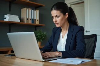 Femme professionnelle consultant les paramètres de sécurité de son compte sur un ordinateur portable dans un bureau moderne