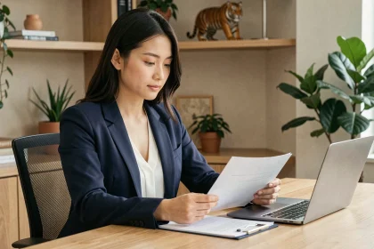 Jeune femme asiatique professionnelle consultantdes documents dans un bureau moderne, illustrant le signe chinois du Tigre 1998 au travail