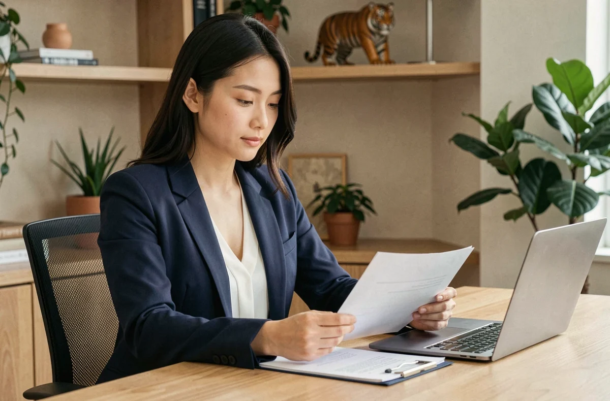 Jeune femme asiatique professionnelle consultantdes documents dans un bureau moderne, illustrant le signe chinois du Tigre 1998 au travail
