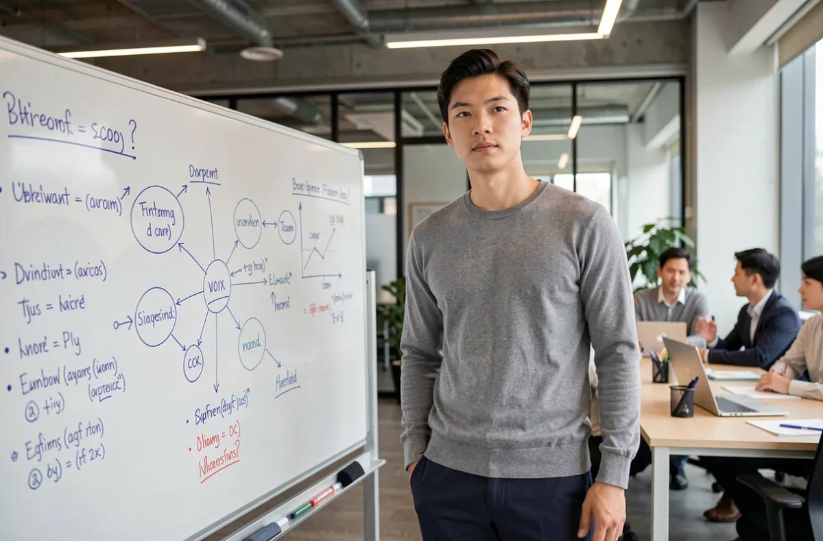 Jeune homme asiatique présentant une stratégie au tableau blanc lors d'une réunion d'équipe, symbolisant les qualités de leadership du signe du Tigre né en 1998