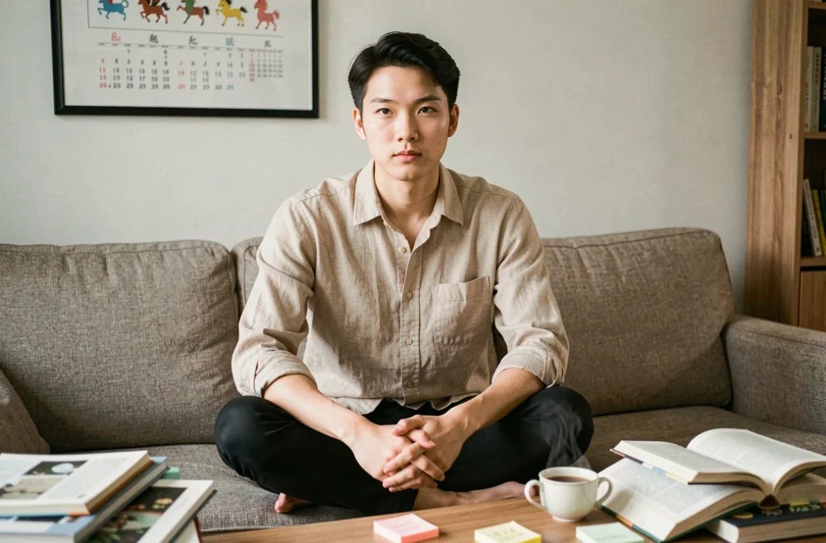 Jeune professionnel asiatique travaillant depuis chez lui entouré de livres et d'un calendrier du zodiaque chinois, reflétant la curiosité intellectuelle du Tigre de 1998
