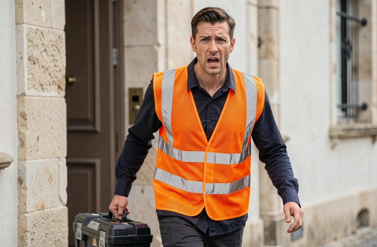 Technicien de SIP Dépannage arrivant en urgence avec une boîte à outils à l'entrée d'un immeuble rochelais