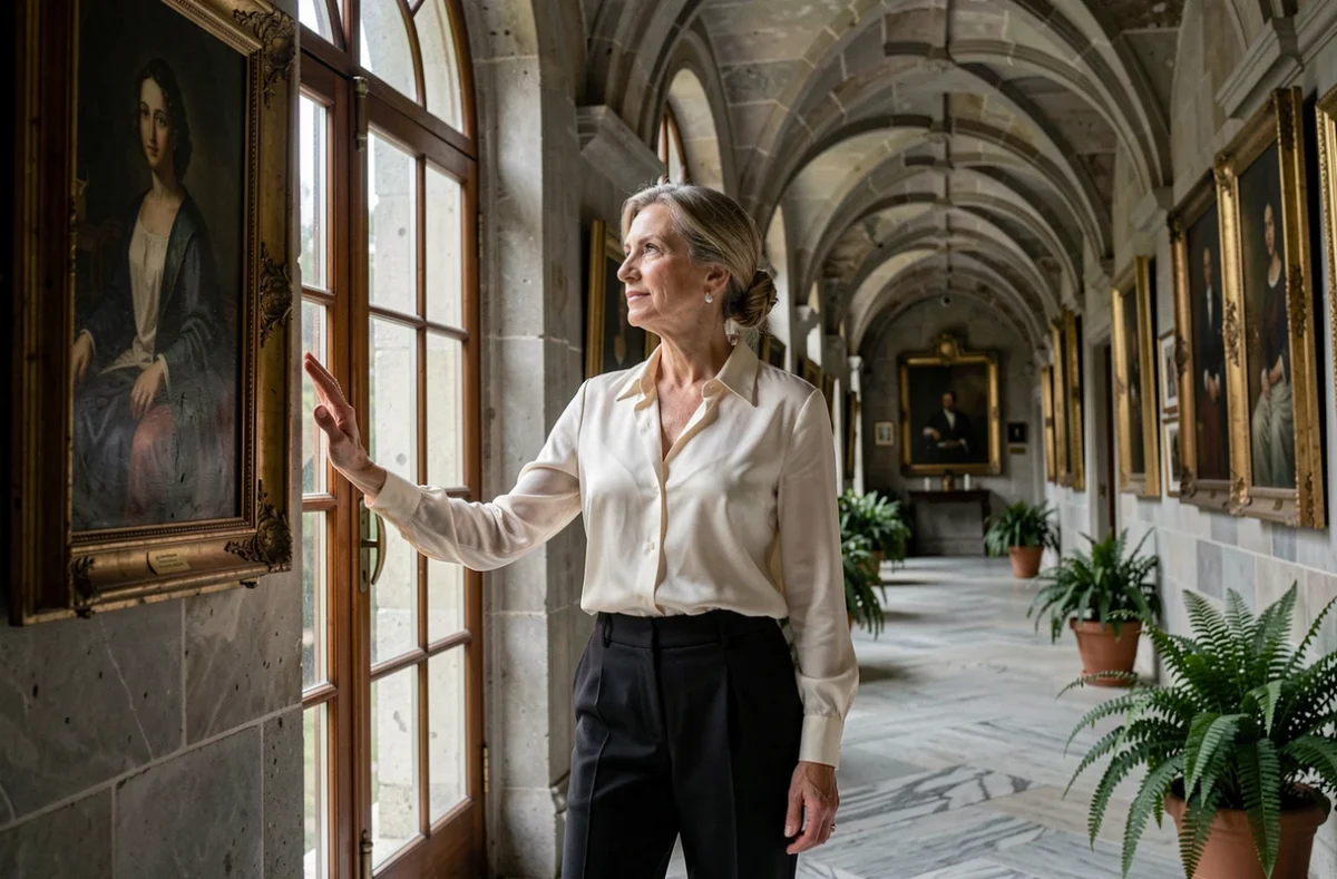 Soprano célèbre dans le couloir d'un conservatoire baroque contemplant son héritage lyrique