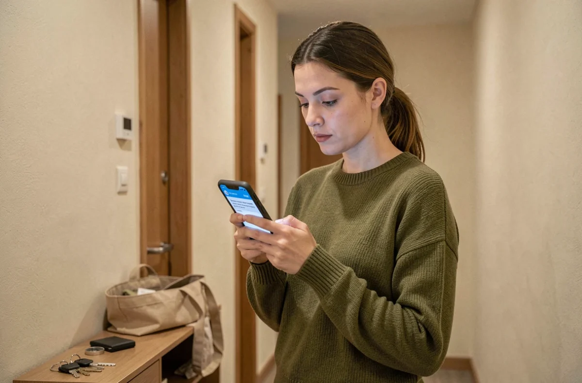 Femme vérifiant le suivi de colis LP Collect sur son smartphone devant la porte de son appartement
