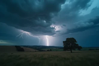 Ciel orageux avec plusieurs éclairs qui se ramifient au-dessus d'une campagne au coucher du soleil, arbre isolé en silhouette à l'horizon