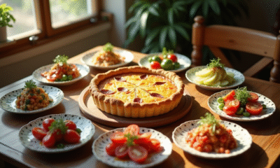 Table rustique avec quiche au chorizo et plats colorés