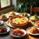 Table rustique avec quiche au chorizo et plats colorés