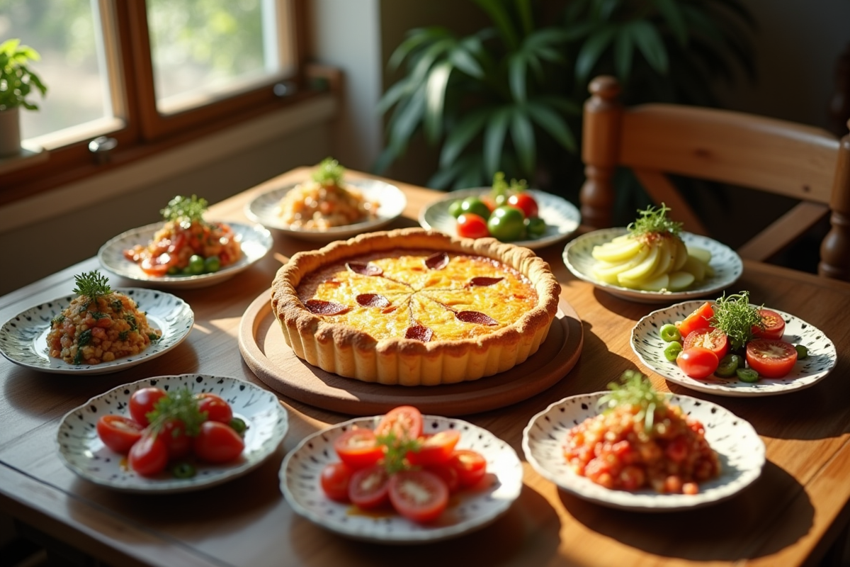 Table rustique avec quiche au chorizo et plats colorés