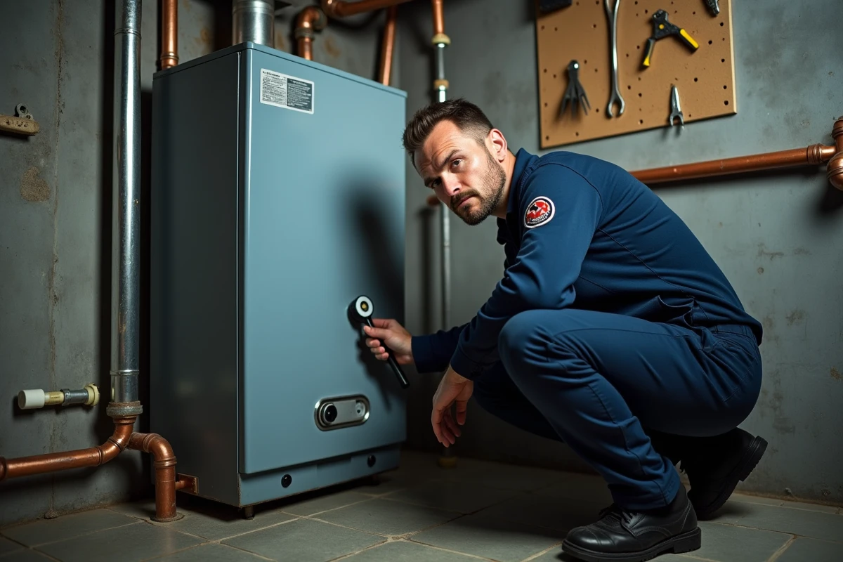 Technicien inspectant une chaudière fioul dans une chaufferie domestique lors d'un audit énergétique