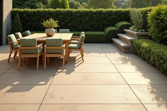 Terrasse moderne avec carrelage grès cérame beige sablé et mobilier en teck avec coussins vert sauge, harmonie de tons chauds et naturels