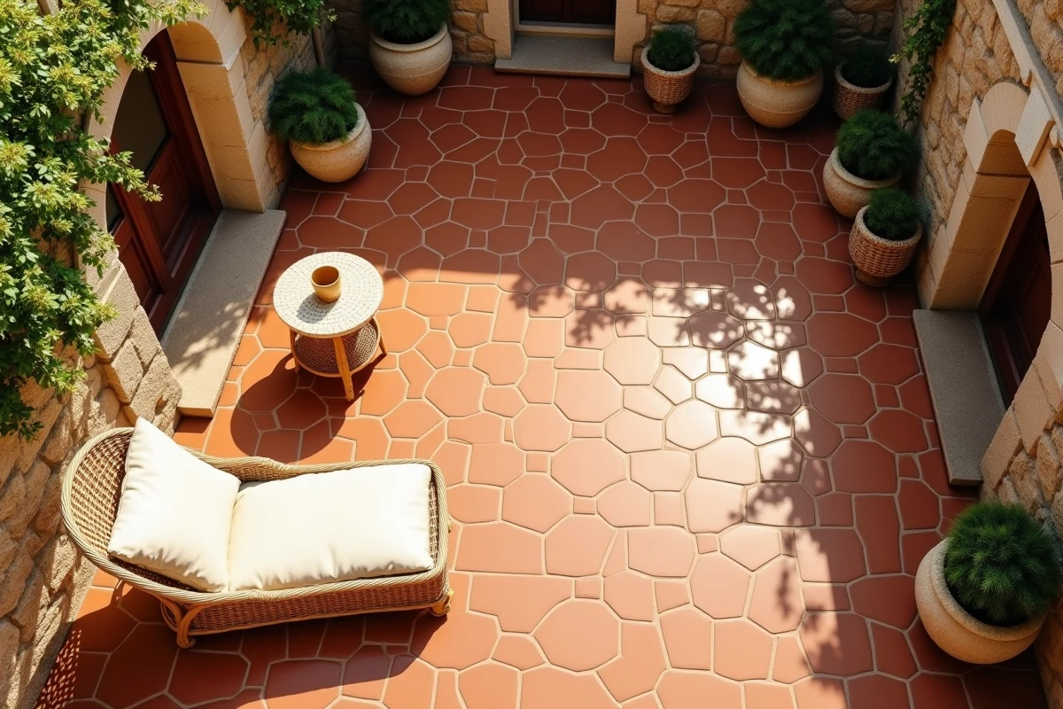 Terrasse méditerranéenne avec carrelage hexagonal terracotta et salon de jardin en rotin blanc cassé, inspiration provençale