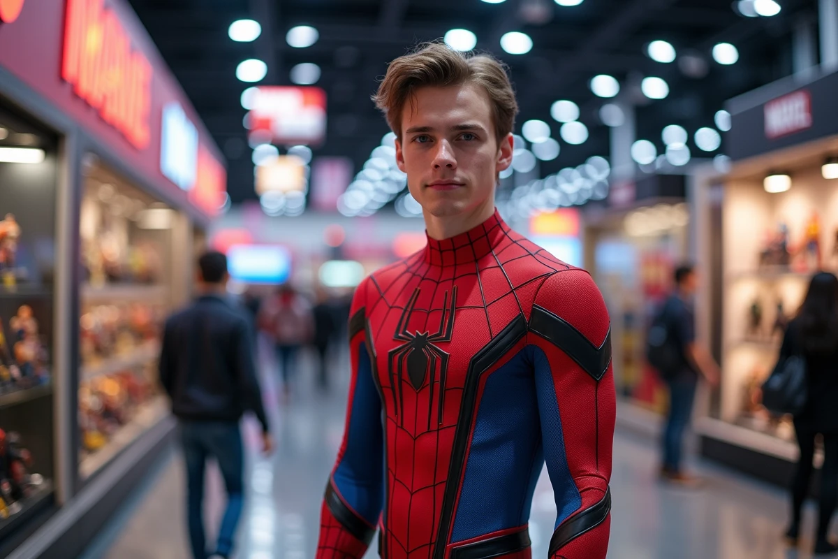 Tom Holland en costume de Spider-Man lors d'une convention Marvel, entouré de bannières promotionnelles des Avengers