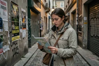Touriste femme consultant une carte dans un quartier urbain dense et légèrement inquiétant