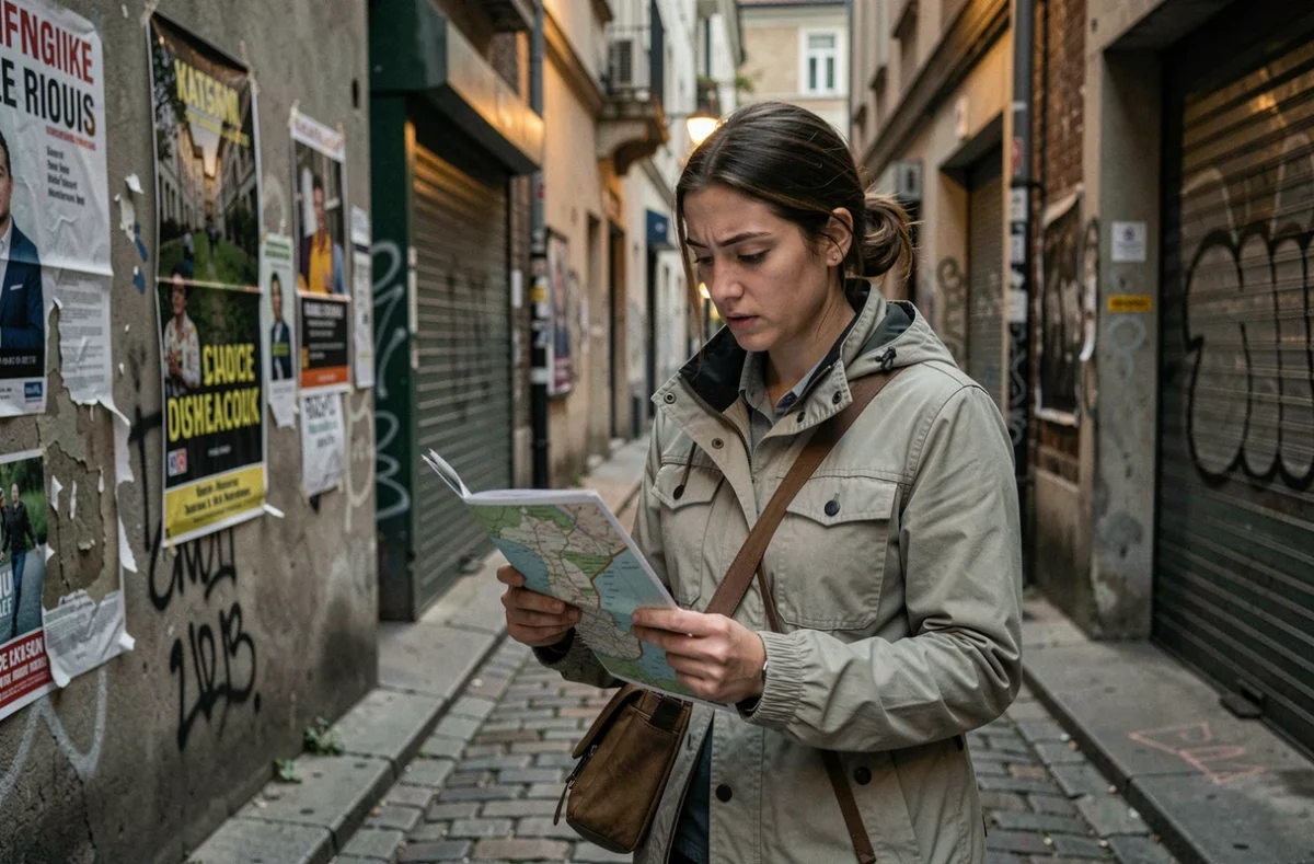 Touriste femme consultant une carte dans un quartier urbain dense et légèrement inquiétant
