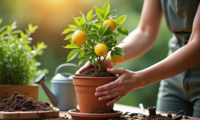 Personne transplantant un petit arbre de citron dans un pot en terre cuite