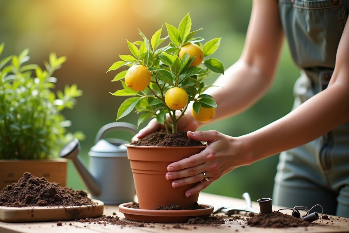 Personne transplantant un petit arbre de citron dans un pot en terre cuite