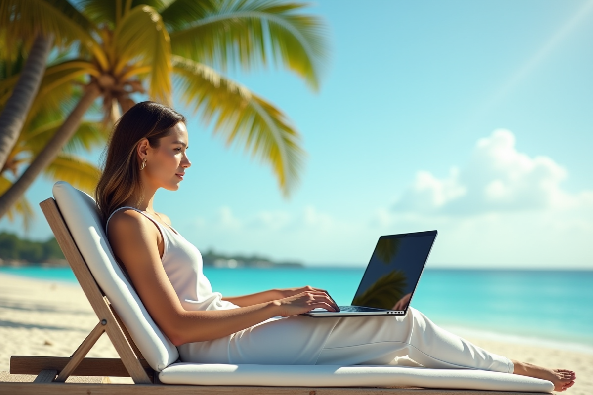 Personne travaillant sur un ordinateur sur une plage tropicale ensoleillee