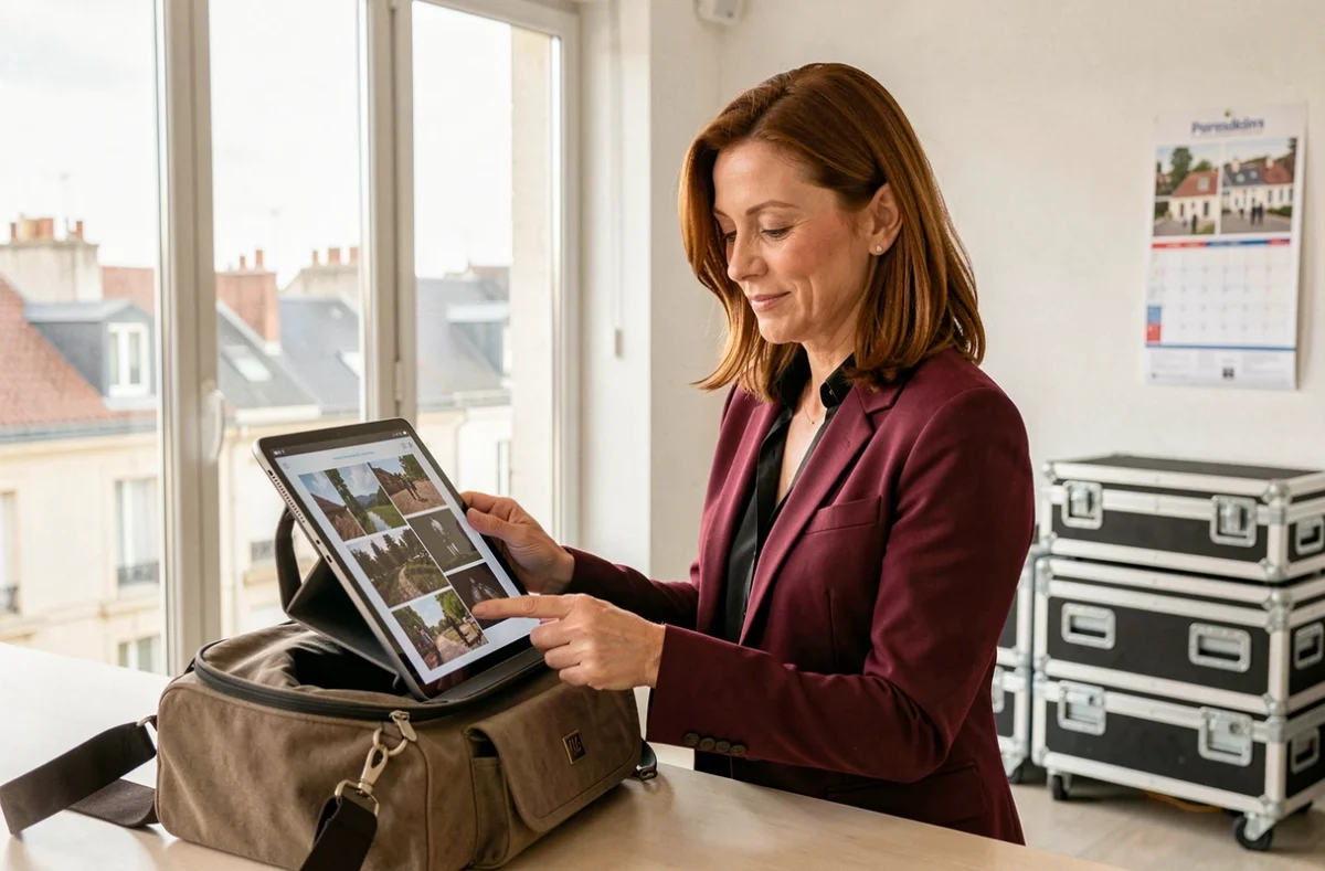 Valérie Saiveau consultant un storyboard sur tablette dans un bureau de production moderne à Bordeaux avec vue sur les toits