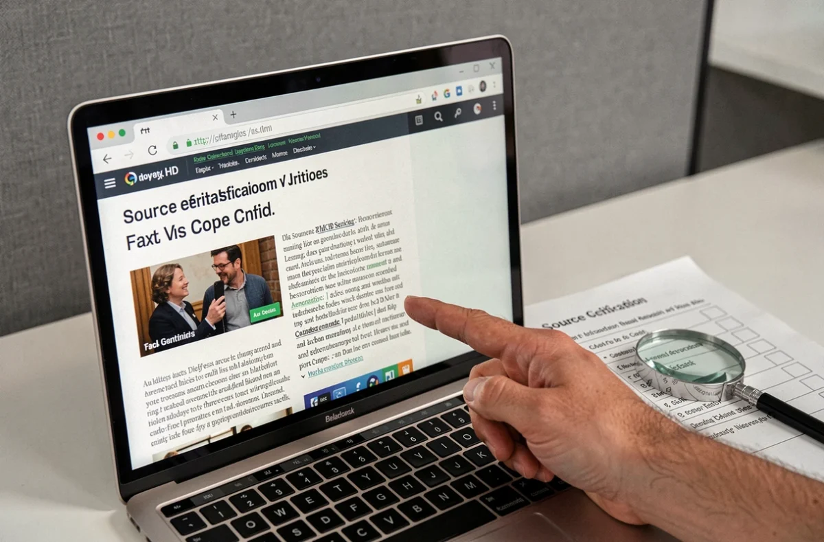Vérification de la fiabilité d'un site d'informations avec loupe et critères de fact-checking sur un bureau