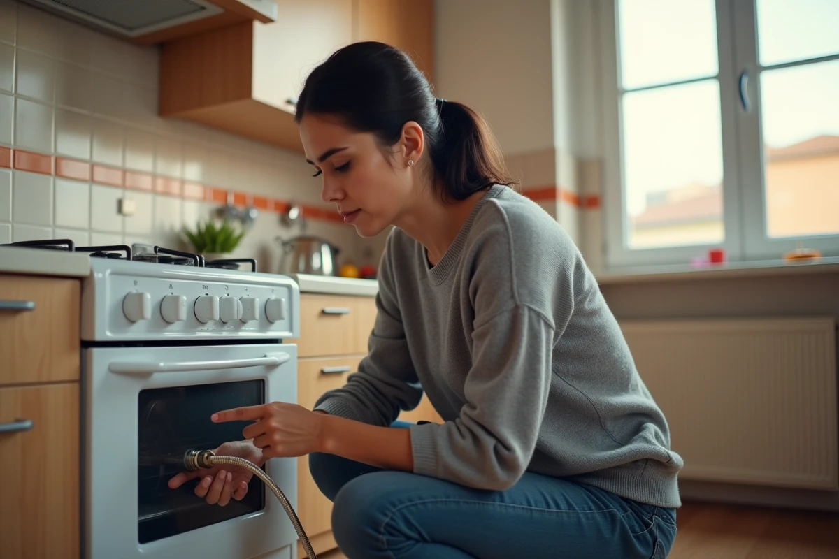 Femme vérifiant le tuyau de raccordement gaz derrière une cuisinière dans une cuisine marseillaise
