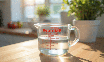 Verre mesure d'eau sur plan de travail lumineux