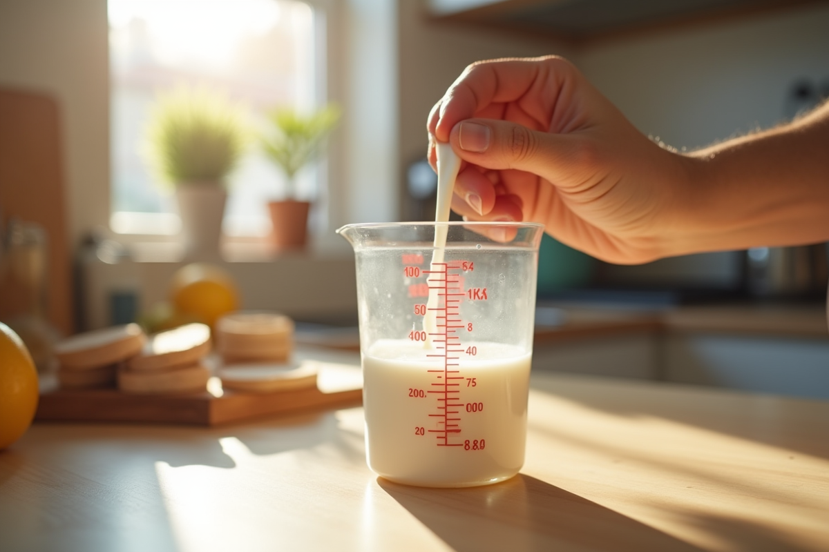 Main versant du lait dans verre mesure en cuisine