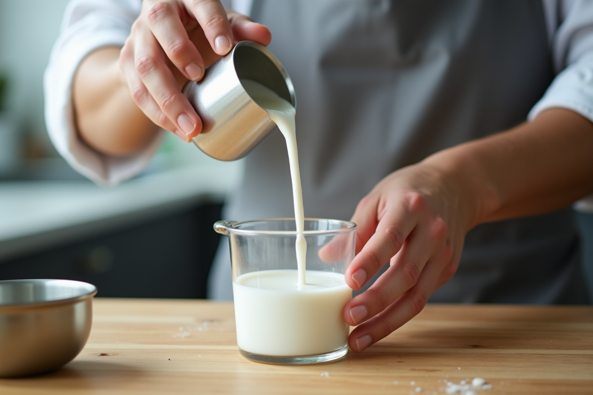 Main d’un chef versant du lait dans un verre doseur en gros plan