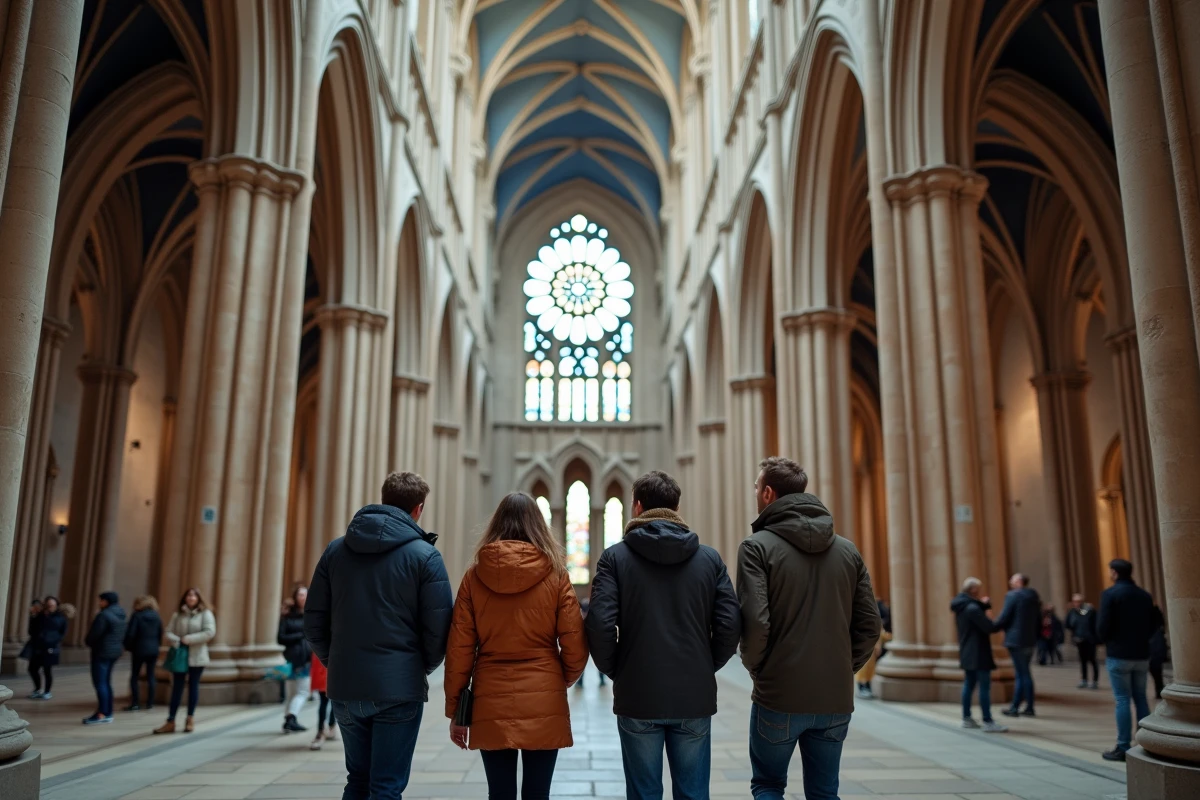 Groupe de visiteurs en visite guidée dans la cathédrale gothique de Strasbourg, découverte du patrimoine alsacien