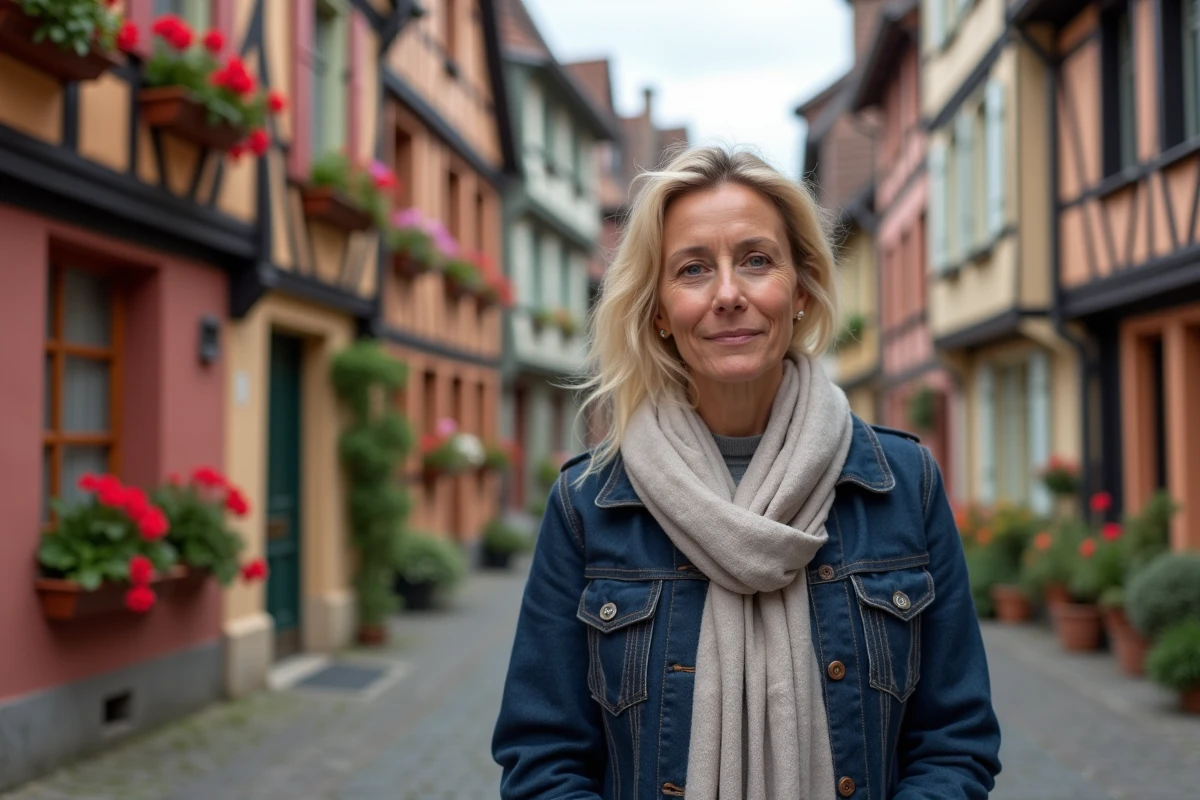 Femme devant une maison à colombages alsacienne avec géraniums rouges à Colmar, ambiance patrimoine et tourisme culturel