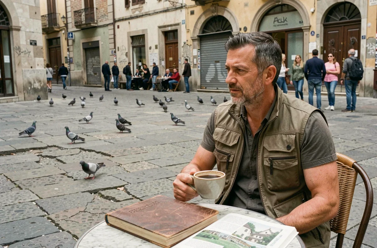 Voyageur solitaire observant discrètement une place urbaine depuis une terrasse de café