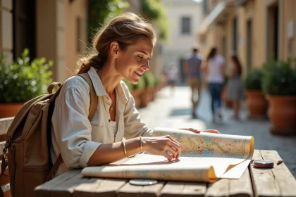 Voyageuse étudiant une carte papier dans un café en terrasse méditerranéen lors d'un long voyage