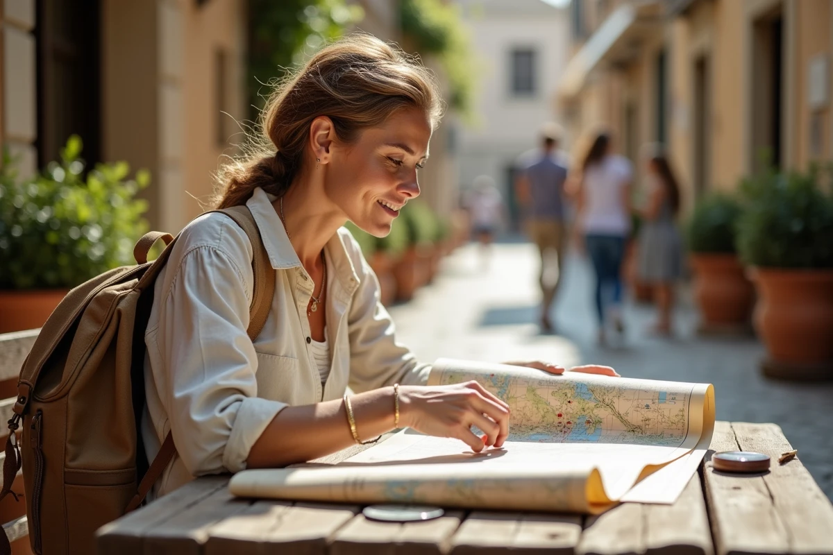 Voyageuse étudiant une carte papier dans un café en terrasse méditerranéen lors d'un long voyage
