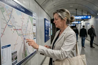 Voyageuse consultant le plan du métro parisien ligne 14 sur un quai moderne du Grand Paris Express