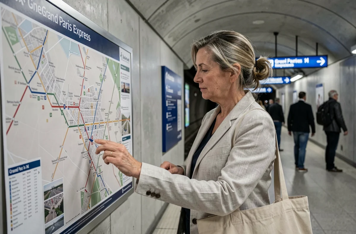Voyageuse consultant le plan du métro parisien ligne 14 sur un quai moderne du Grand Paris Express