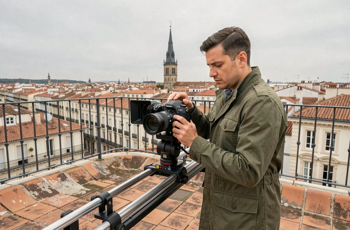 William Juin réglant un objectif cinéma sur un slider en terrasse avec la tour Pey-Berland de Bordeaux visible en arrière-plan