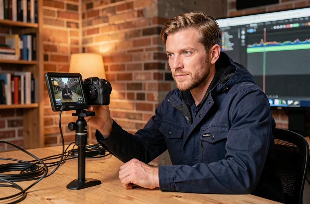 Yann Texier révisant des rushes sur un moniteur de champ dans un studio de production indépendant aux murs en briques apparentes